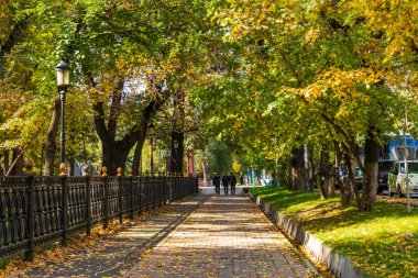 Almaty Şehri. Almaty Kazakistan 8 Ekim 2023. Panfilov 'un Central Park' ı. Parktaki anıt 