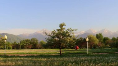 Almaty City Kazakistan, Timelapse videosu, 8 Mayıs 2025. Al Farabi Caddesi, Almaty 'deki Birinci Başkan Parkı.