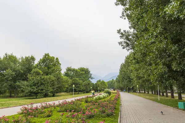  Almaty City Kazakistan 22 Haziran 2025. Al Farabi Caddesi, Almaty 'deki Birinci Başkan Parkı.