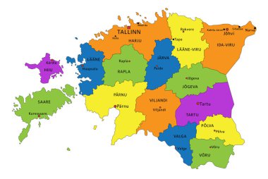 Renkli Estonya siyasi haritası açık bir şekilde etiketlenmiş, ayrılmış katmanlarla. Vektör illüstrasyonu.