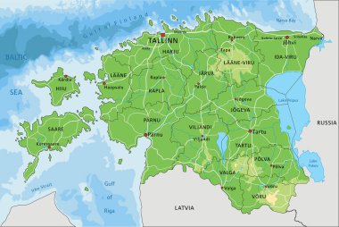 Etiketleme ile son derece detaylı Estonya fiziksel haritası.
