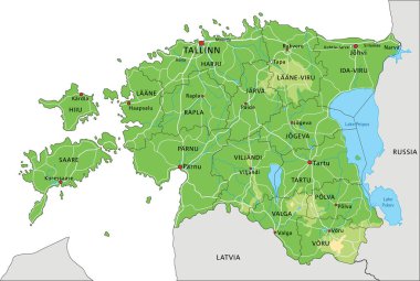 Etiketleme ile son derece detaylı Estonya fiziksel haritası.