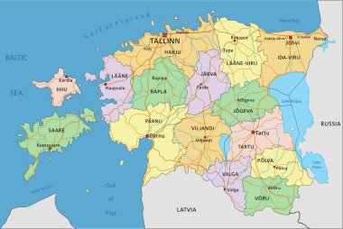 Estonya - Etiketleme ile birlikte son derece ayrıntılı düzenlenebilir siyasi harita.