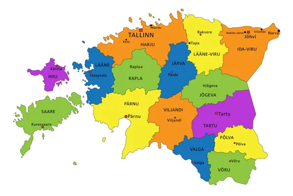 Mappa Politica Colorata Dell Estonia Con Strati Chiaramente Etichettati Separati — Vettoriale Stock