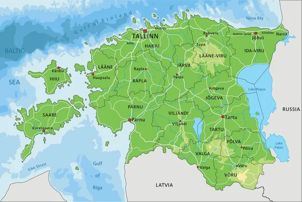 Mycket Detaljerad Estland Fysisk Karta Med Märkning — Stock vektor