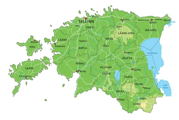 ラベル付きの非常に詳細なエストニアの物理的な地図 — ストックベクタ