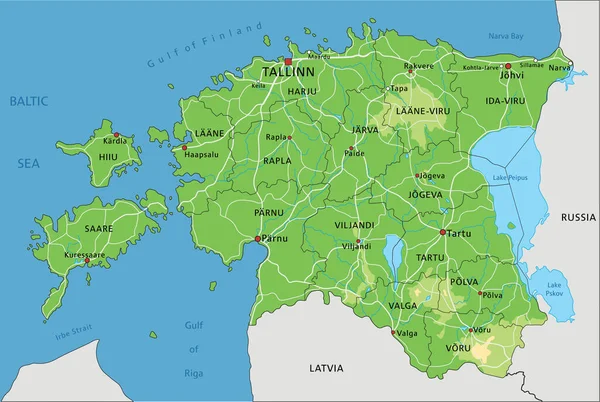 Εξαιρετικά Λεπτομερής Φυσικός Χάρτης Της Εσθονίας Σήμανση — Διανυσματικό Αρχείο