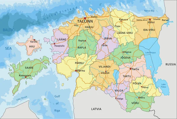 Эстония Подробная Редактируемая Политическая Карта Маркировкой — стоковый вектор