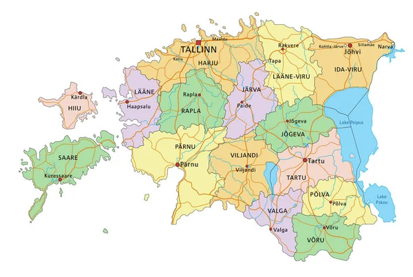 Эстония Подробная Редактируемая Политическая Карта Маркировкой — стоковый вектор