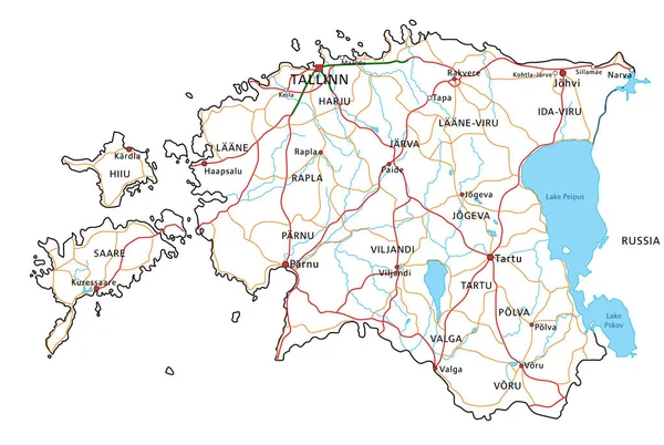 Estónia Mapa Rodoviário Rodoviário Ilustração Vetorial — Vetor de Stock