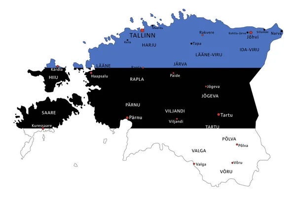 Estonsko Velmi Podrobná Politická Mapa Národní Vlajkou Izolované Bílém Pozadí — Stockový vektor
