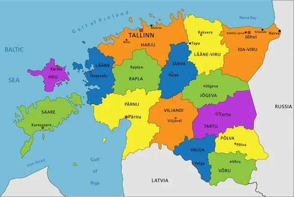 色彩斑斓的爱沙尼亚政治地图 有清晰的标签和分隔的层次 矢量说明 — 图库矢量图片