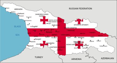 Gürcistan, beyaz arka planda ulusal bayrak bulunan son derece ayrıntılı siyasi harita.