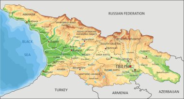 Etiketli yüksek detaylı Georgia fiziksel haritası.