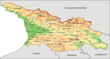 Etiketli yüksek detaylı Georgia fiziksel haritası.