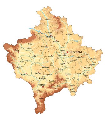 Etiketli son derece ayrıntılı Kosova fiziksel haritası.