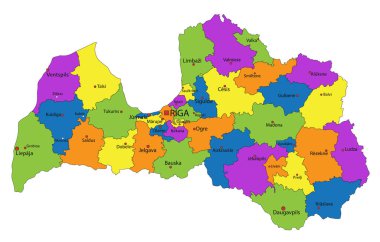Renkli Letonya siyasi haritası açık bir şekilde etiketlenmiş, ayrı katmanlarla ayrılmış. Vektör illüstrasyonu.