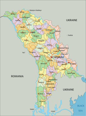 Moldova - Etiketleme ile son derece ayrıntılı düzenlenebilir siyasi harita.