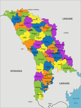 Renkli Moldova siyasi haritası açık bir şekilde etiketlenmiş, ayrılmış katmanlarla. Vektör illüstrasyonu.