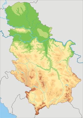 Sırbistan 'ın son derece ayrıntılı fiziksel haritası.