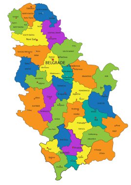 Açık bir şekilde etiketlenmiş, ayrık katmanlı renkli Sırbistan siyasi haritası. Vektör illüstrasyonu.