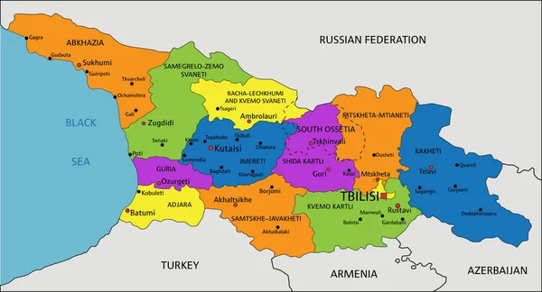 Renkli Gürcistan Siyasi Haritası Açık Bir Şekilde Etiketlenmiş Ayrılmış Katmanlar — Stok Vektör