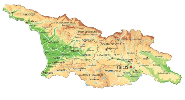 Εξαιρετικά Λεπτομερής Φυσικός Χάρτης Της Γεωργίας Σήμανση — Διανυσματικό Αρχείο