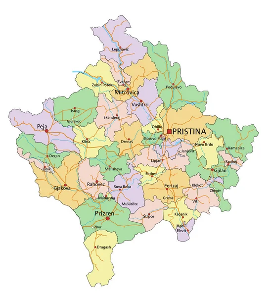 コソボ ラベル付きの非常に詳細な編集可能な政治地図 — ストックベクタ
