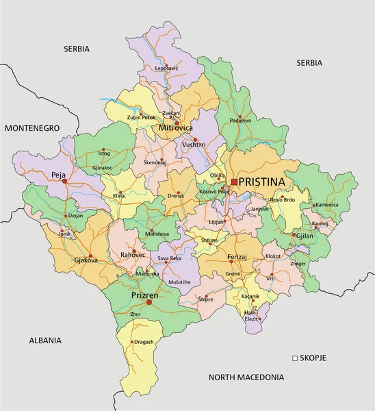 Косово Подробная Редактируемая Политическая Карта Маркировкой — стоковый вектор