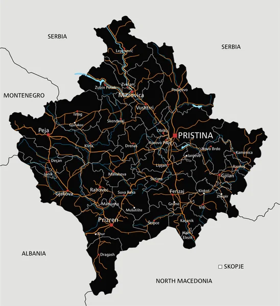 Mapa Estrada Detalhado Alto Kosovo Com Rotulagem — Vetor de Stock