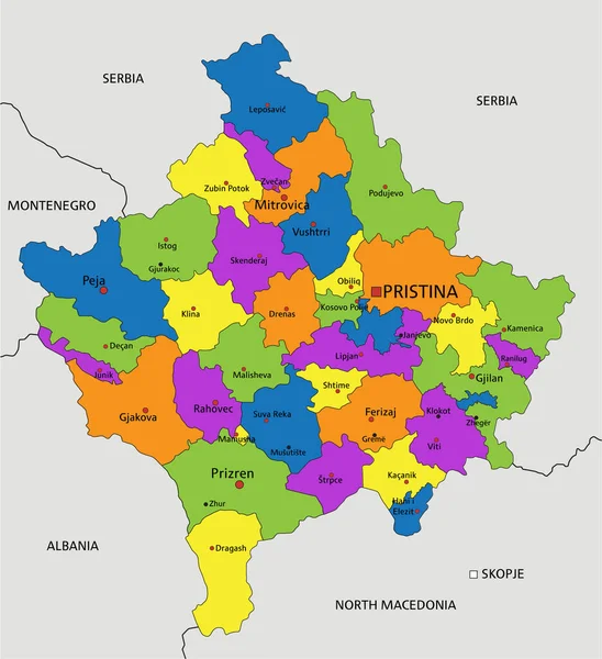 色彩斑斓的科索沃政治地图 有明确的标记和分隔的层次 矢量说明 — 图库矢量图片