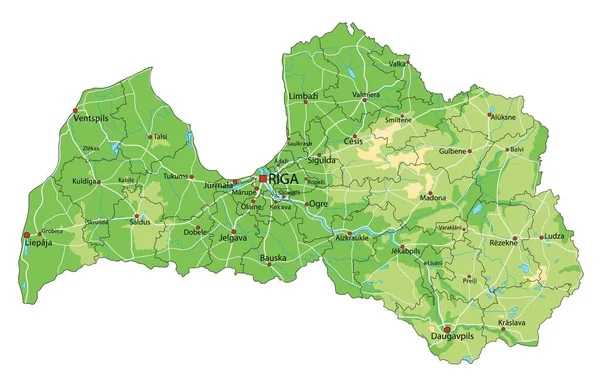 非常に詳細なラトビアの物理地図 — ストックベクタ