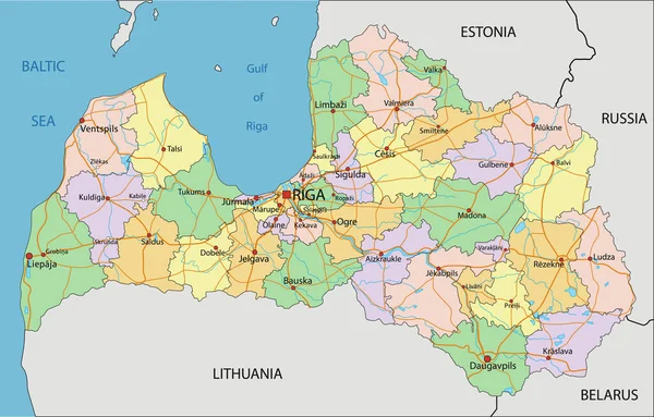 Латвія Надзвичайно Детальна Редагована Політична Карта Маркуванням — стоковий вектор