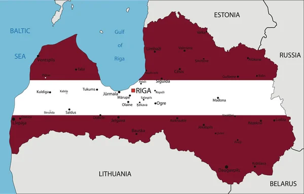Lotyšsko Velmi Podrobná Politická Mapa Národní Vlajkou Izolované Bílém Pozadí — Stockový vektor