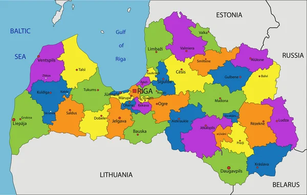 Bunte Politische Landkarte Lettlands Mit Klar Beschrifteten Getrennten Ebenen Vektorillustration — Stockvektor