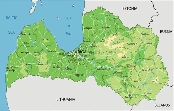 ラベル付きの非常に詳細なラトビアの物理的な地図 — ストックベクタ