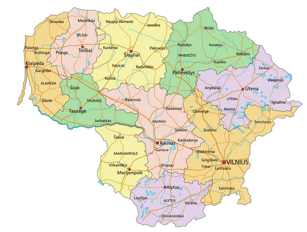 リトアニア ラベル付きの非常に詳細な編集可能な政治地図 — ストックベクタ
