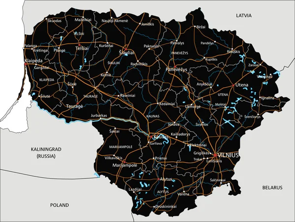 Υψηλός Λεπτομερής Χάρτης Πορείας Της Λιθουανίας Σήμανση — Διανυσματικό Αρχείο