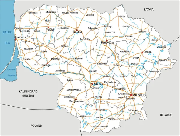 附有标签的高度详细的立陶宛路线图 — 图库矢量图片
