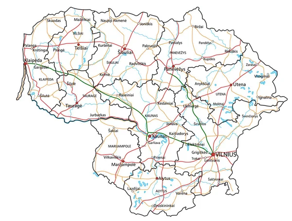 リトアニアの道路や高速道路の地図 ベクターイラスト — ストックベクタ