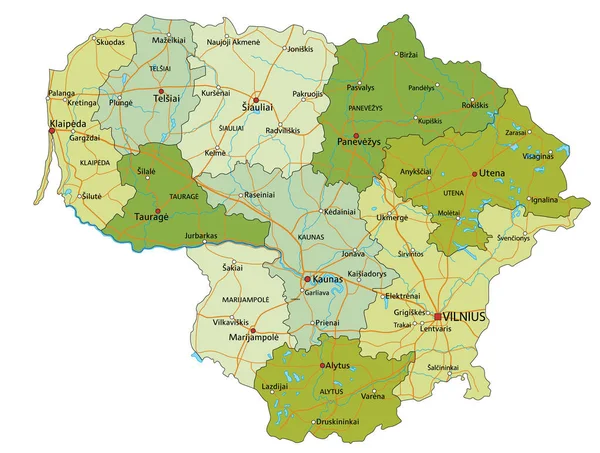Vysoce Podrobná Upravitelná Politická Mapa Oddělenými Vrstvami Litva — Stockový vektor