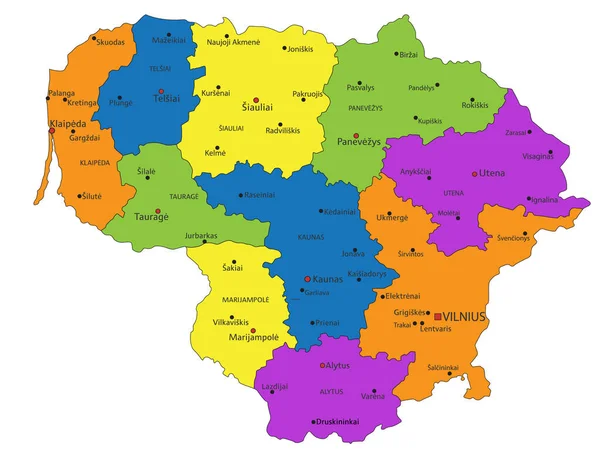 Kleurrijke Litouwse Politieke Kaart Met Duidelijk Gelabelde Gescheiden Lagen Vectorillustratie — Stockvector