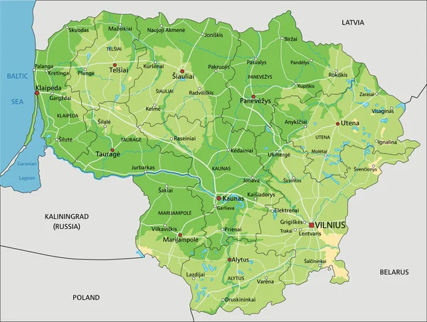 高度详细的立陶宛物理地图 附有标签 — 图库矢量图片