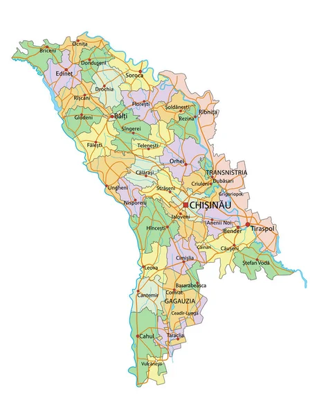 Moldavia Mappa Politica Altamente Dettagliata Modificabile Con Etichettatura — Vettoriale Stock