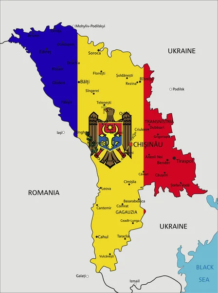 摩尔多瓦有国旗的高度详细的政治地图 — 图库矢量图片