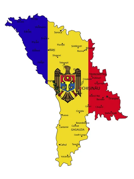 Moldova Ulusal Bayrağı Olan Son Derece Ayrıntılı Bir Siyasi Harita — Stok Vektör