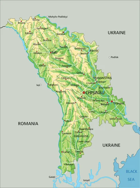 Vysoce Podrobná Moldavská Fyzická Mapa Označením — Stockový vektor