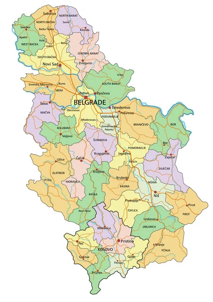 Сербия Подробная Редактируемая Политическая Карта Маркировкой — стоковый вектор