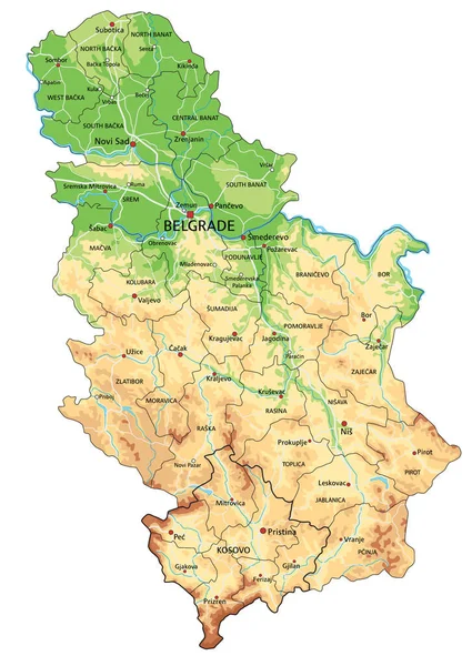 Mapa Físico Serbia Altamente Detallado Con Etiquetado — Archivo Imágenes Vectoriales