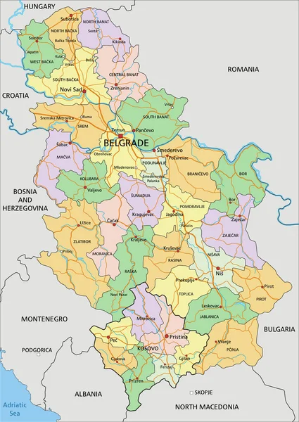 塞尔维亚 附有标签的高度详细的可编辑政治地图 — 图库矢量图片